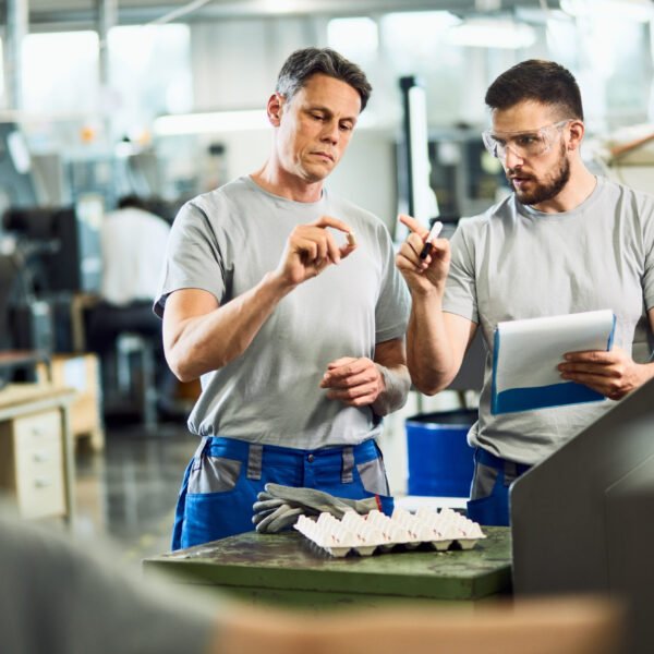 Industrial workers cooperating while doing quality control of manufactured products in a factory.